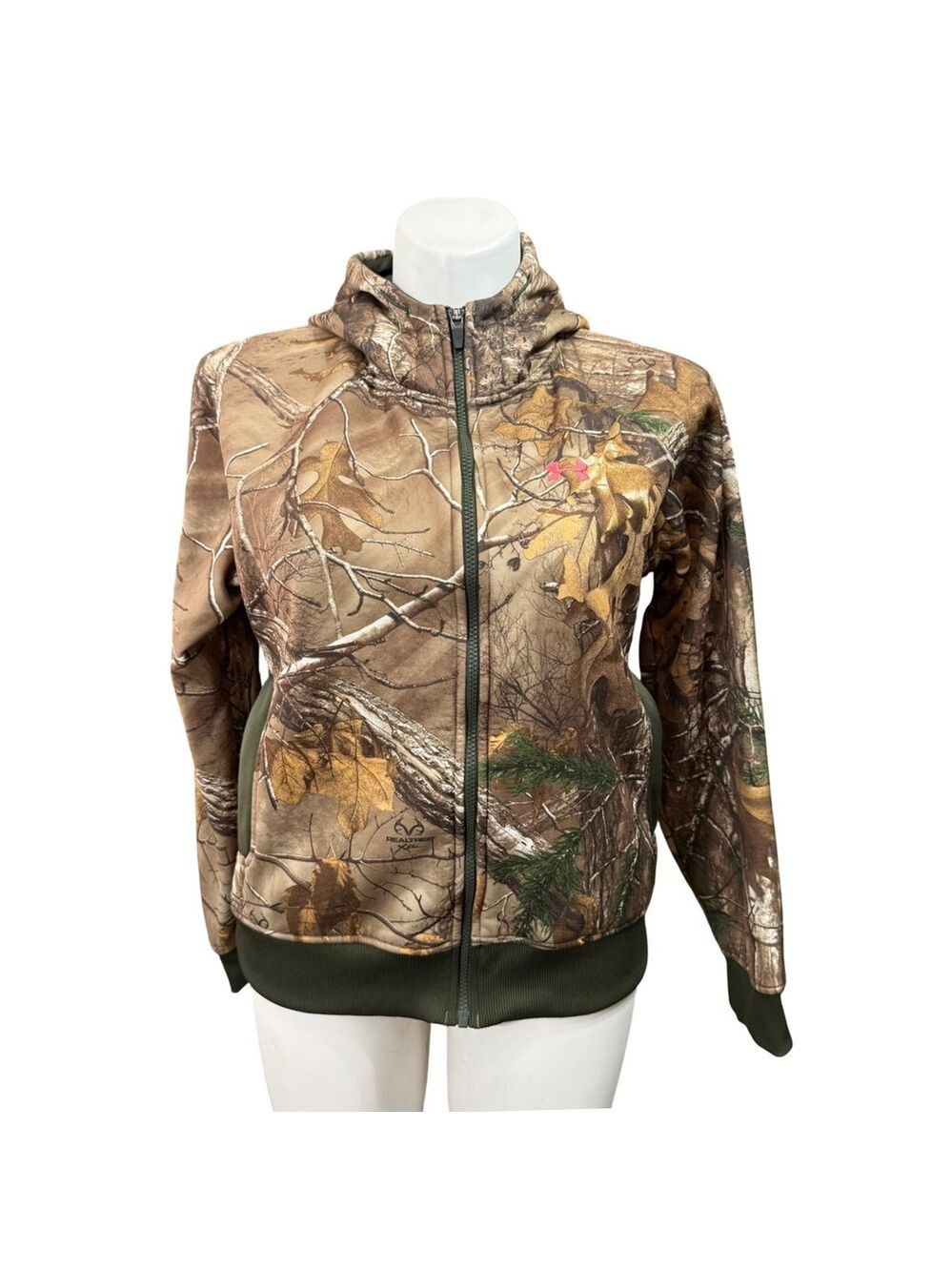 Under‎ Armour ColdGear Realtree Xtra Camo Full Zip Hoodie Womens Large Pink Logo
